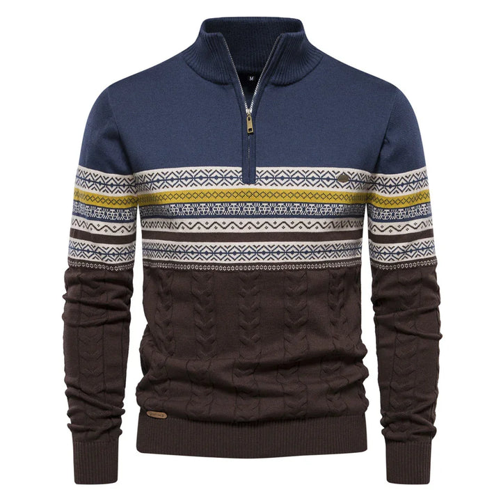 Men's half-zip sweater with navy blue, mustard yellow, white patterned stripe, and brown cable knit lower half