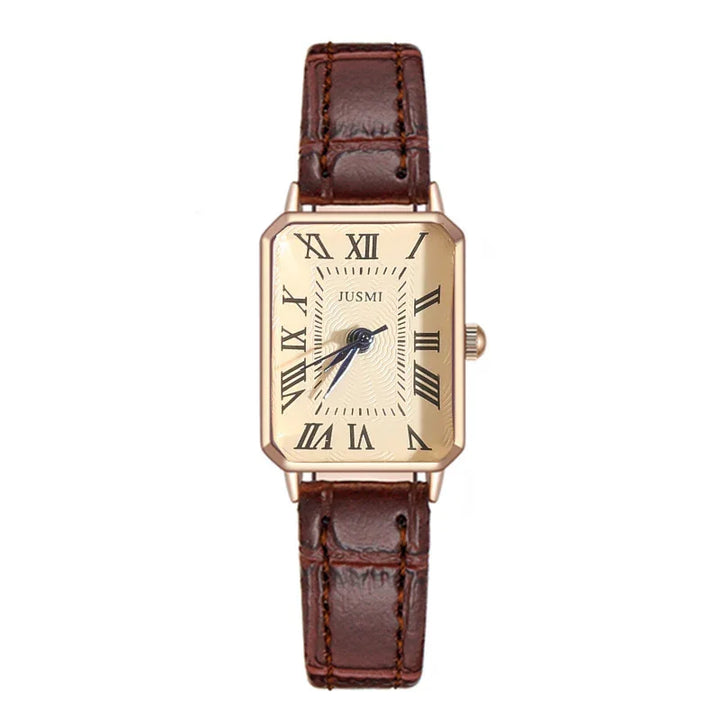Jusmi rectangular gold watch with Roman numerals and brown leather strap
