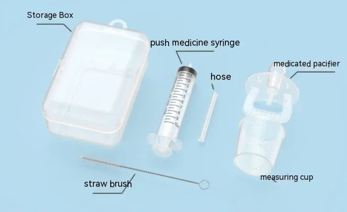 Clear storage box, medicine syringe, hose, medicated pacifier with measuring cup, and straw brush on blue background