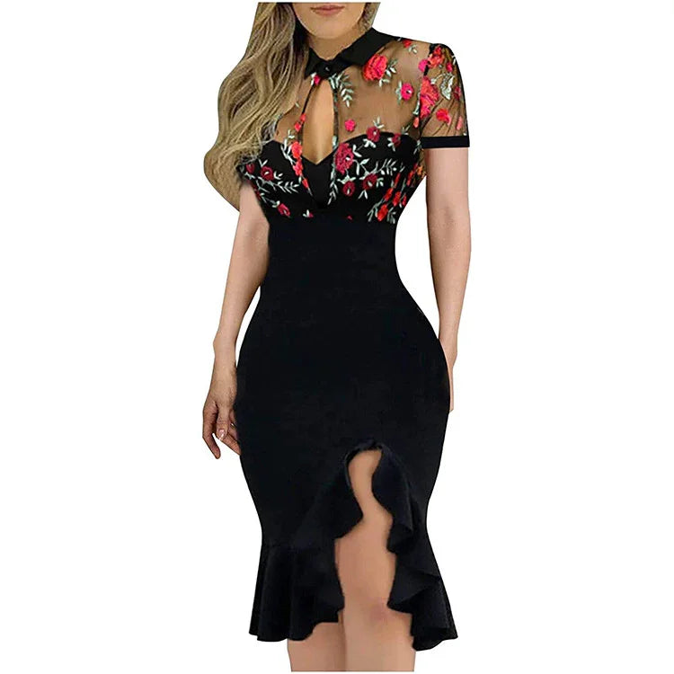 Black fitted dress with floral embroidered mesh top and ruffled front slit hem