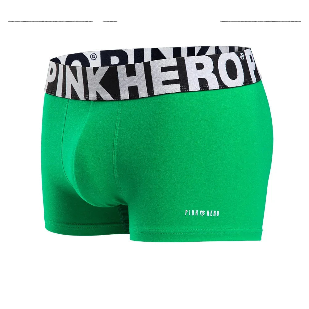 Green men's boxer briefs with black and white Pink Hero branded waistband and logo on thigh