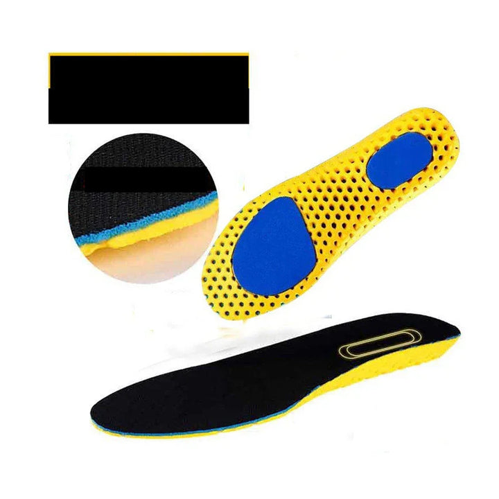Yellow and black perforated orthotic insoles with blue gel heel and arch supports for foot comfort
