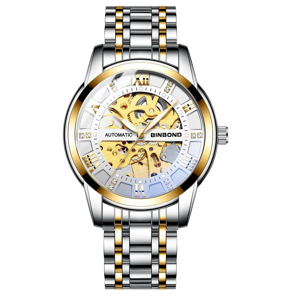 Binbond automatic men's watch with gold skeleton dial and silver-gold stainless steel bracelet