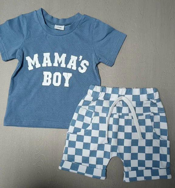 Blue toddler outfit with a 'MAMA'S BOY' graphic t-shirt and blue-and-white checkered shorts