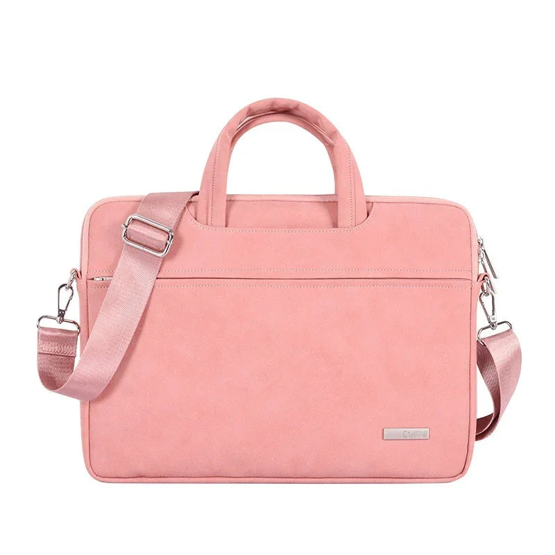 Pink laptop bag with detachable shoulder strap and top handles, minimalist design