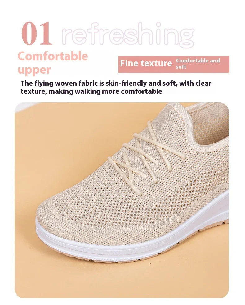 Beige skin-friendly woven fabric sneaker with fine texture and white sole on tan background
