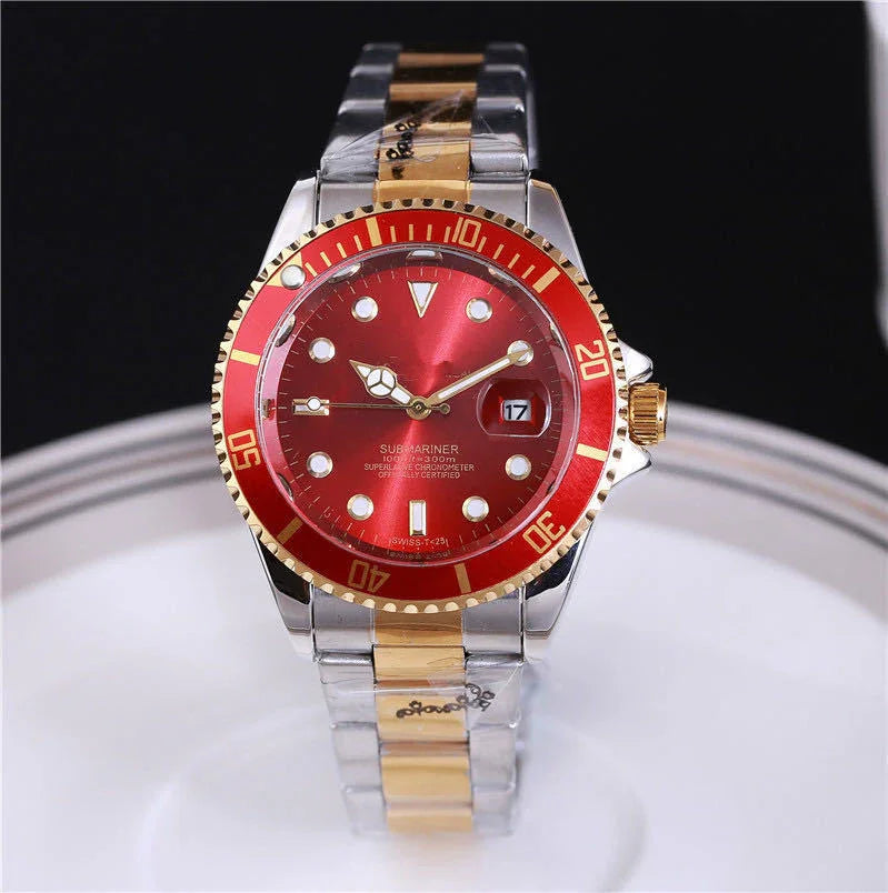 Luxury Submariner watch with red dial, gold and silver two-tone metal bracelet, date display