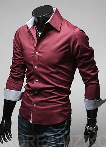 Maroon slim fit men's dress shirt with white contrasting inner cuffs and collar on black mannequin