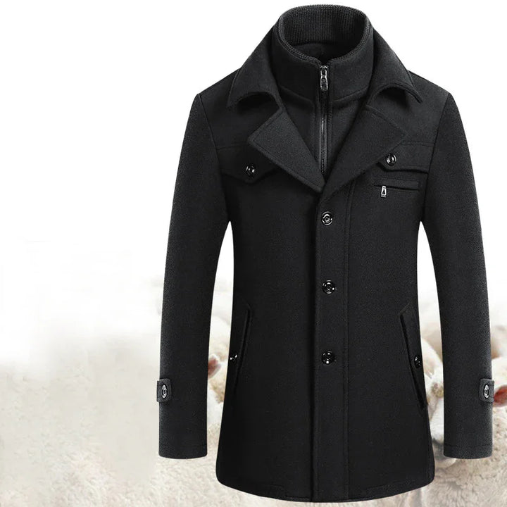 Black men's pea coat with button front, zippered inner layer, and flap pockets