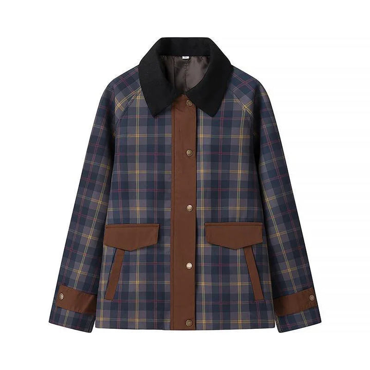 Blue plaid jacket with brown buttoned front placket, flap pockets, cuffs, and black collar