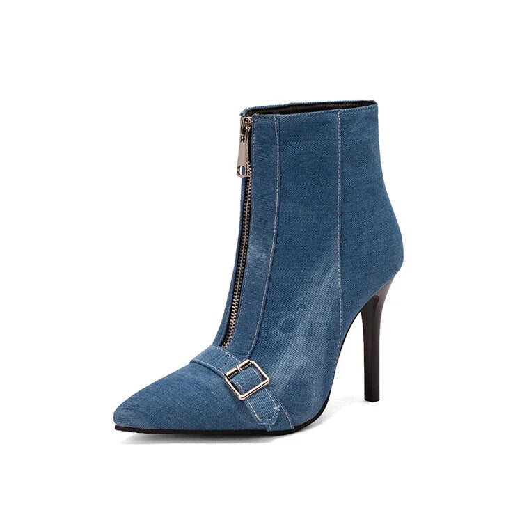 blue denim ankle boot with front zipper, pointed toe, buckle detail, and high stiletto heel