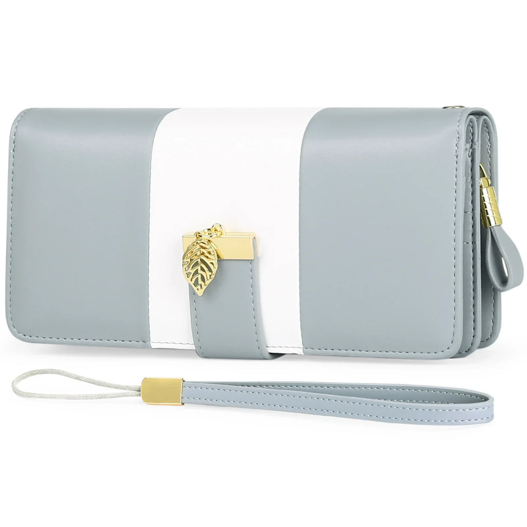 Stylish gray and white wristlet wallet with gold leaf charm and detachable strap