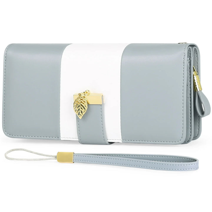 Stylish gray and white wristlet wallet with gold leaf charm and detachable strap