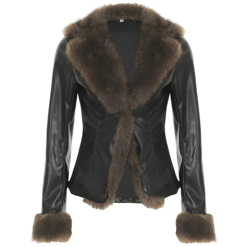 Black leather jacket with brown faux fur trim on collar and cuffs, stylish women's outerwear