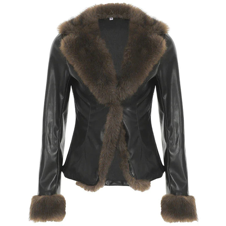 Black leather jacket with brown faux fur trim on collar and cuffs, stylish women's outerwear