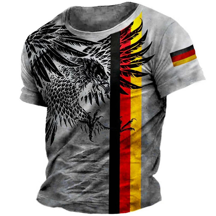 Gray t-shirt with black eagle graphic and vertical German flag stripes, German flag on sleeve