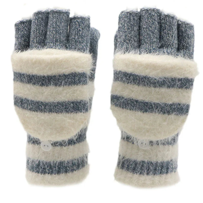 Gray and white striped convertible fingerless gloves with a button flap for warmth