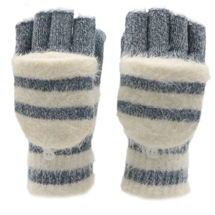 Gray and white striped convertible fingerless gloves with a button flap for warmth