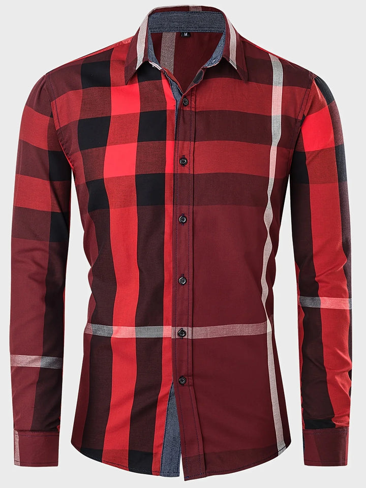 Men's slim fit long sleeve red and black checkered casual shirt with button closure
