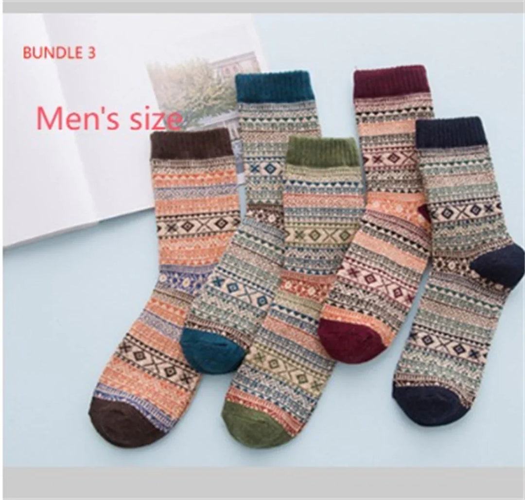 Bundle of five men's size patterned wool blend socks with colorful geometric designs