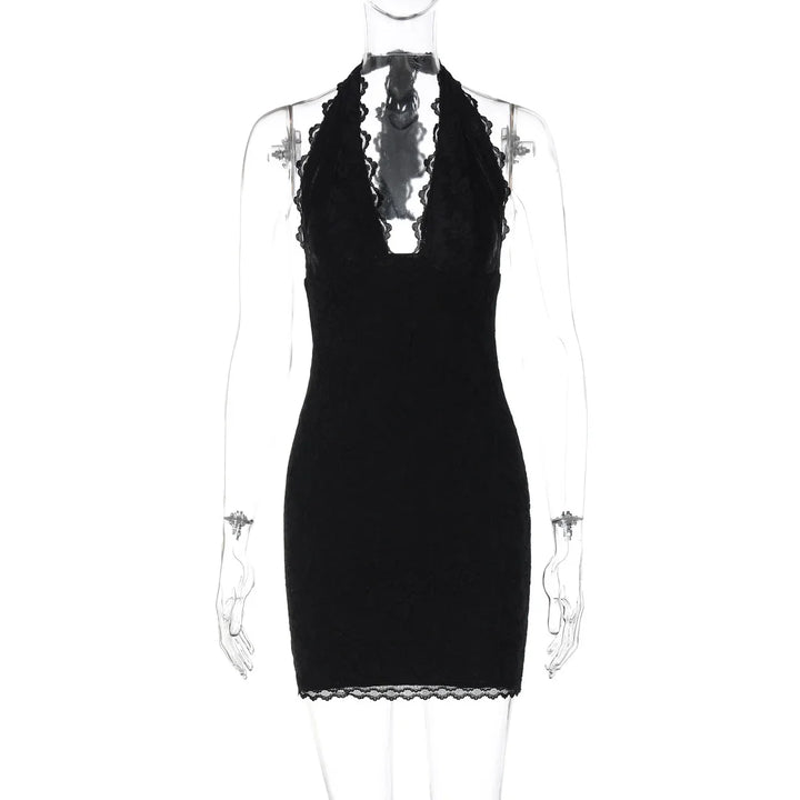 Black lace halter neck mini dress on transparent mannequin with scalloped edges