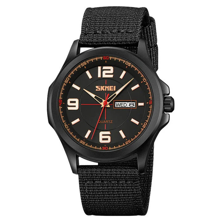 Black Skmei quartz wristwatch with orange accents and fabric strap, date and day display