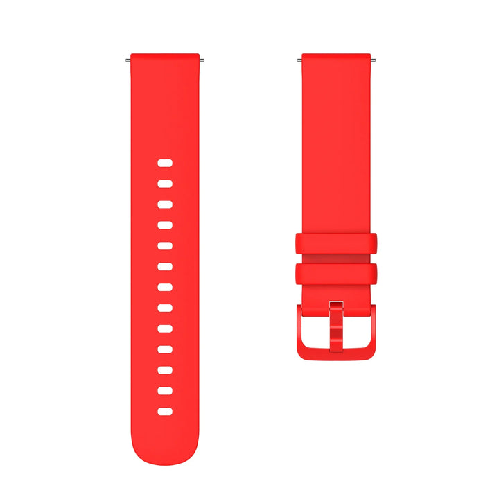 Red silicone watch band with metal buckle, adjustable holes, and smooth finish