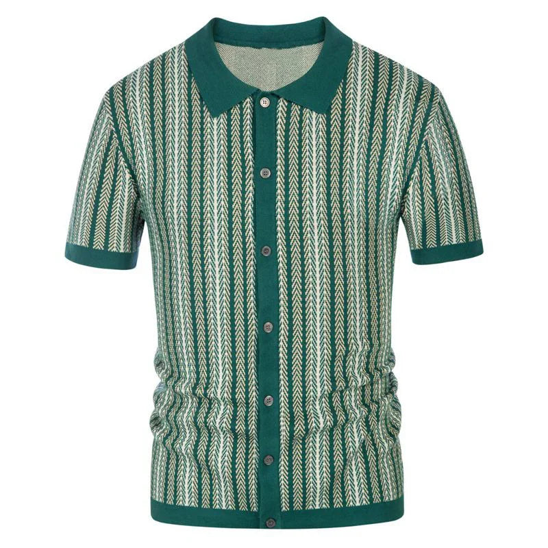 Green and white vertical striped short sleeve knit polo shirt with buttons