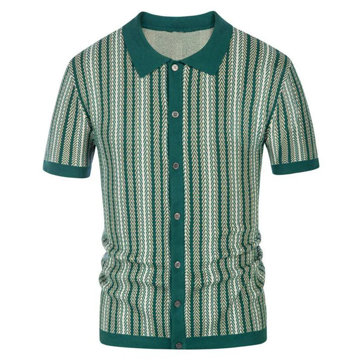 Green and white vertical striped short sleeve knit polo shirt with buttons