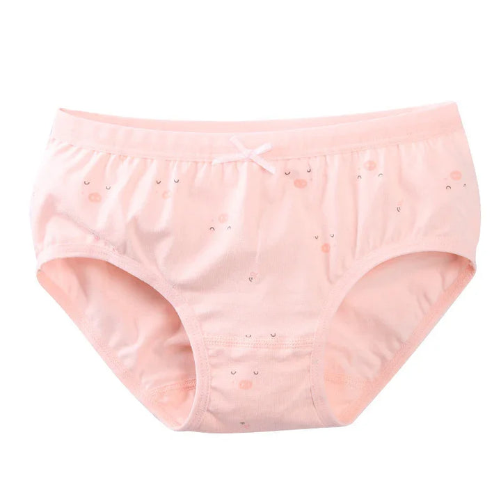 Light pink women's cotton underwear with small cute face prints and a bow detail