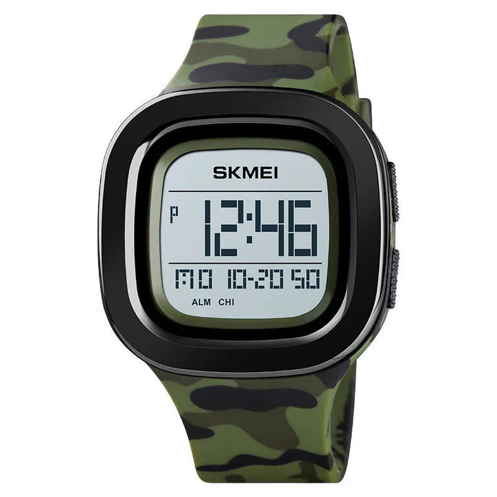SKMEI digital watch with camouflage silicone band and black square bezel displaying time 12:46