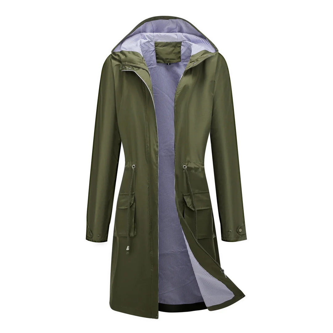 Women's olive green raincoat with hood and striped inner lining, front pockets, and adjustable waist drawstrings
