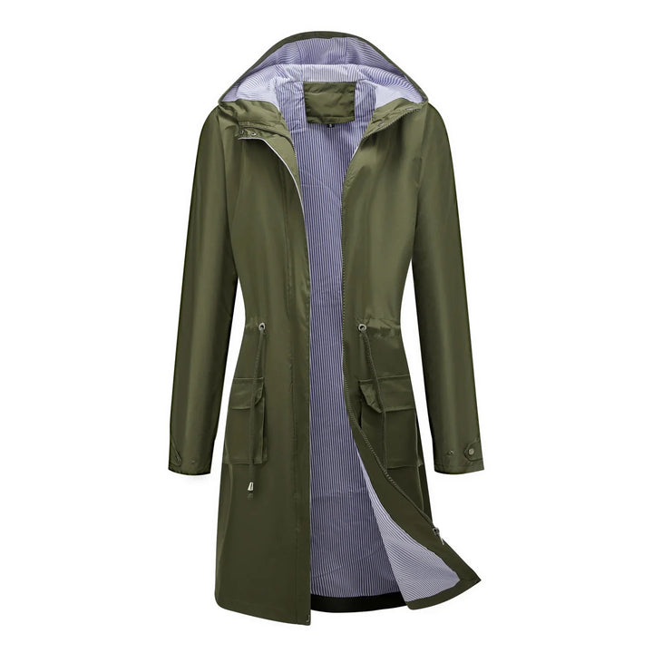 Women's olive green raincoat with hood and striped inner lining, front pockets, and adjustable waist drawstrings