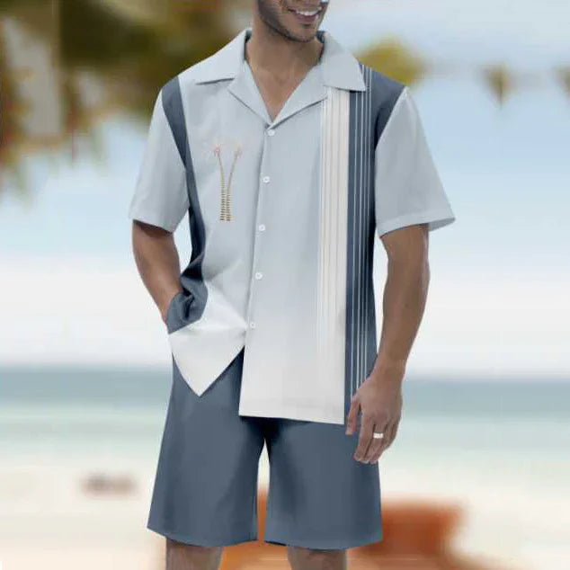 Man wearing stylish short-sleeve button-up shirt with striped design and matching shorts on beach background
