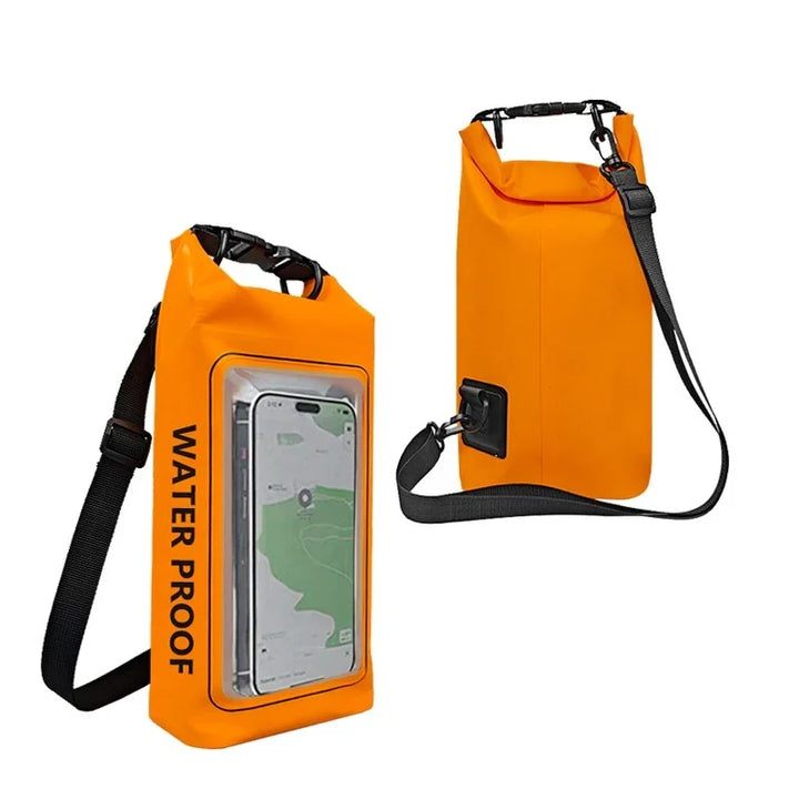 Orange waterproof dry bag with phone pocket and shoulder strap, outdoor gear