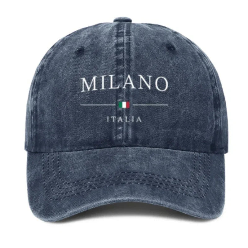 Blue washed denim baseball cap with MILANO and Italian flag embroidered on front