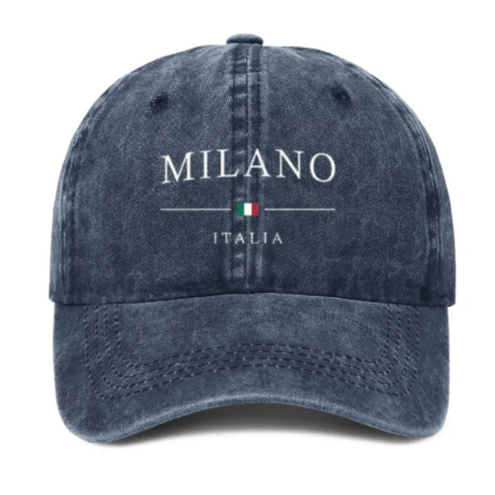 Dark blue denim baseball cap with MILANO and ITALIA text and Italian flag embroidery