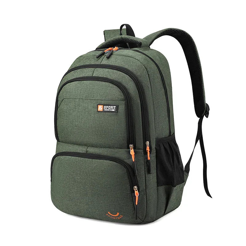 Green sport backpack with multiple zippered compartments and padded shoulder straps