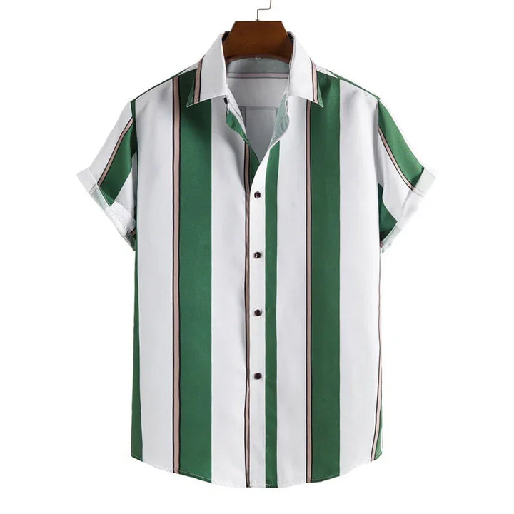 Men's short sleeve button-up shirt with green and white vertical stripes