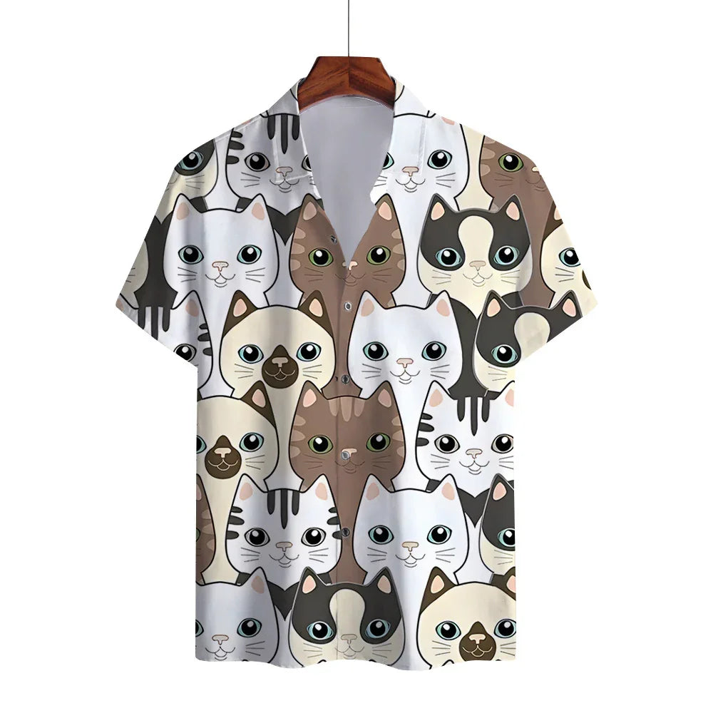 Short sleeve shirt with colorful cartoon cat faces pattern on white background