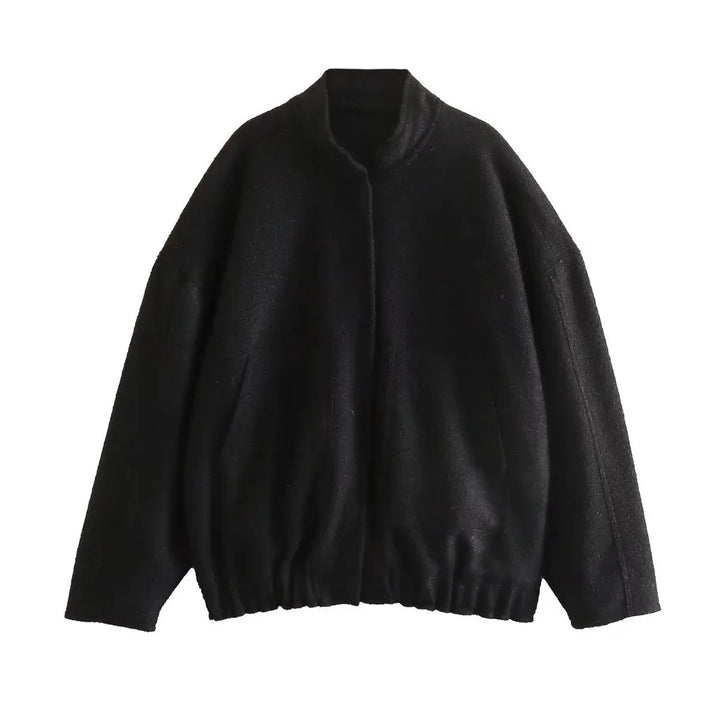 Black wool bomber jacket with elastic hem and simple collar on white background