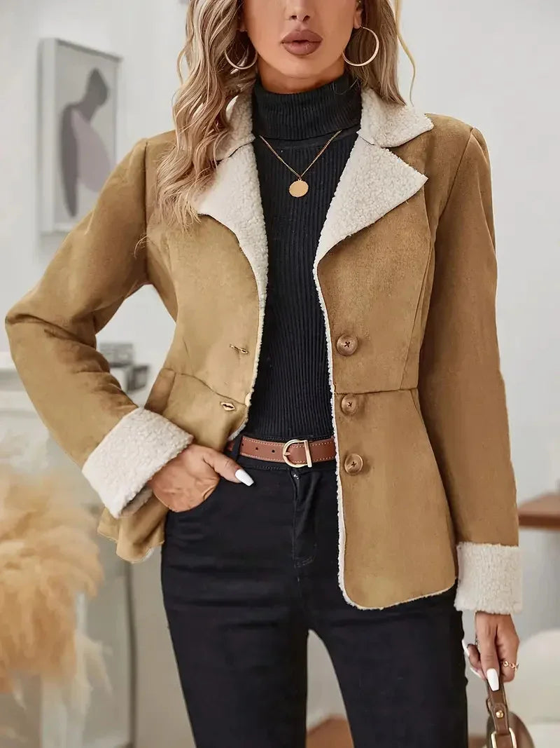 Woman wearing tan shearling collar jacket over black turtleneck and black pants with brown belt indoors