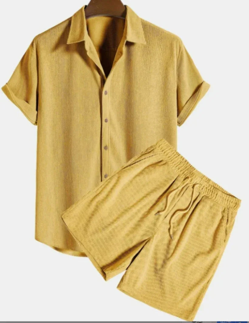 Yellow short-sleeve button-up shirt with matching elastic waist drawstring shorts