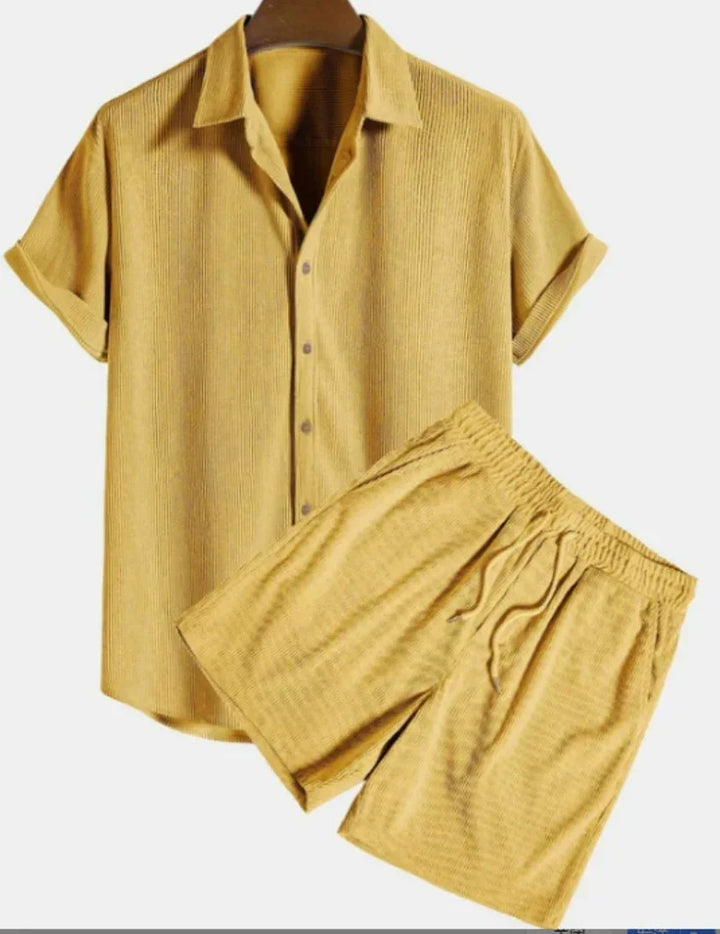 Yellow short-sleeve button-up shirt with matching elastic waist drawstring shorts