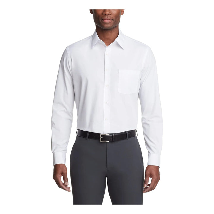 Man wearing white long-sleeve dress shirt with chest pocket and black belt with dark gray pants