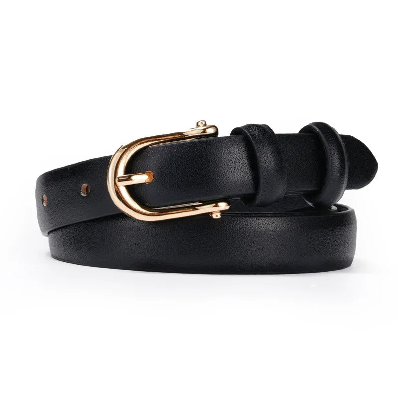 Black leather belt with gold metal buckle and textured finish on white background