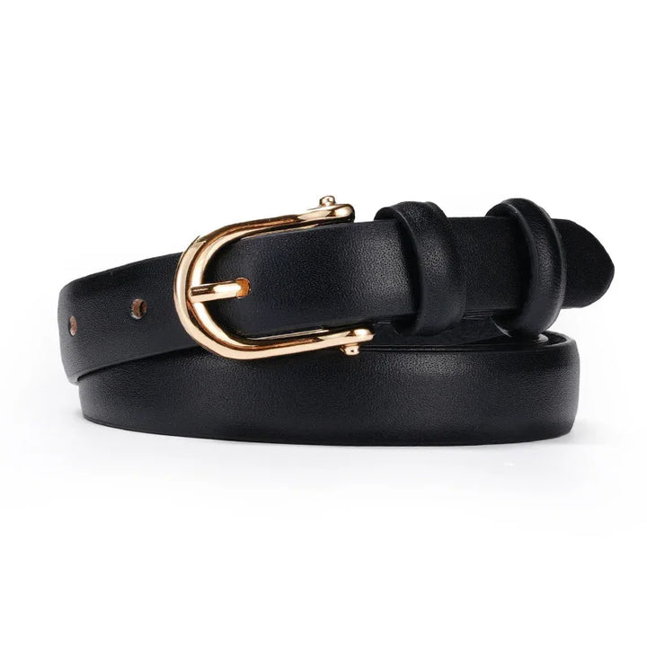 Black leather belt with gold metal buckle and textured finish on white background