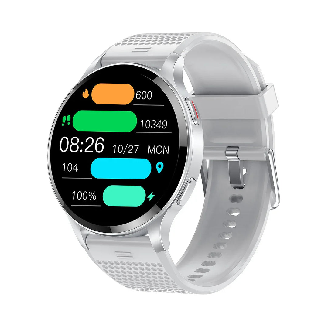 Silver smartwatch with white breathable strap showing fitness stats and time on touchscreen
