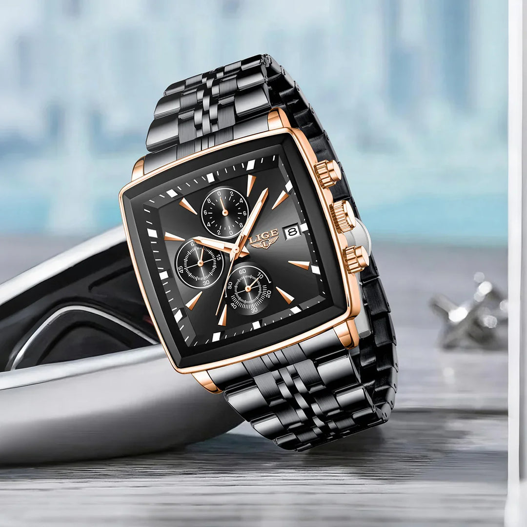 Black and gold LIGE chronograph wristwatch with square dial and metal bracelet on wooden surface