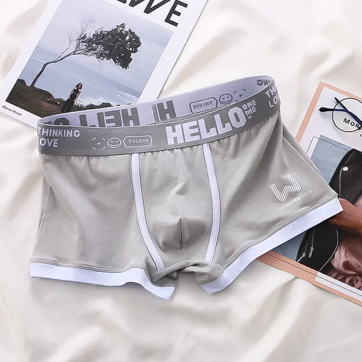 Gray men's boxer briefs with white trim and a waistband featuring text including "HELLO" and "THINKING LOVE" on a white fabric background